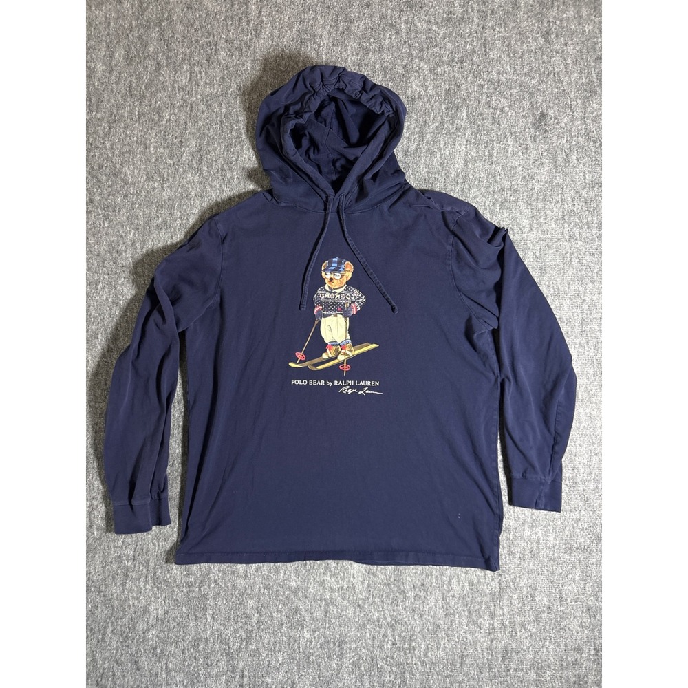 Polo Ralph Lauren Mens XL Navy Blue Skiing Polo‎ Bear Hooded Long Sleeve T-Shirt